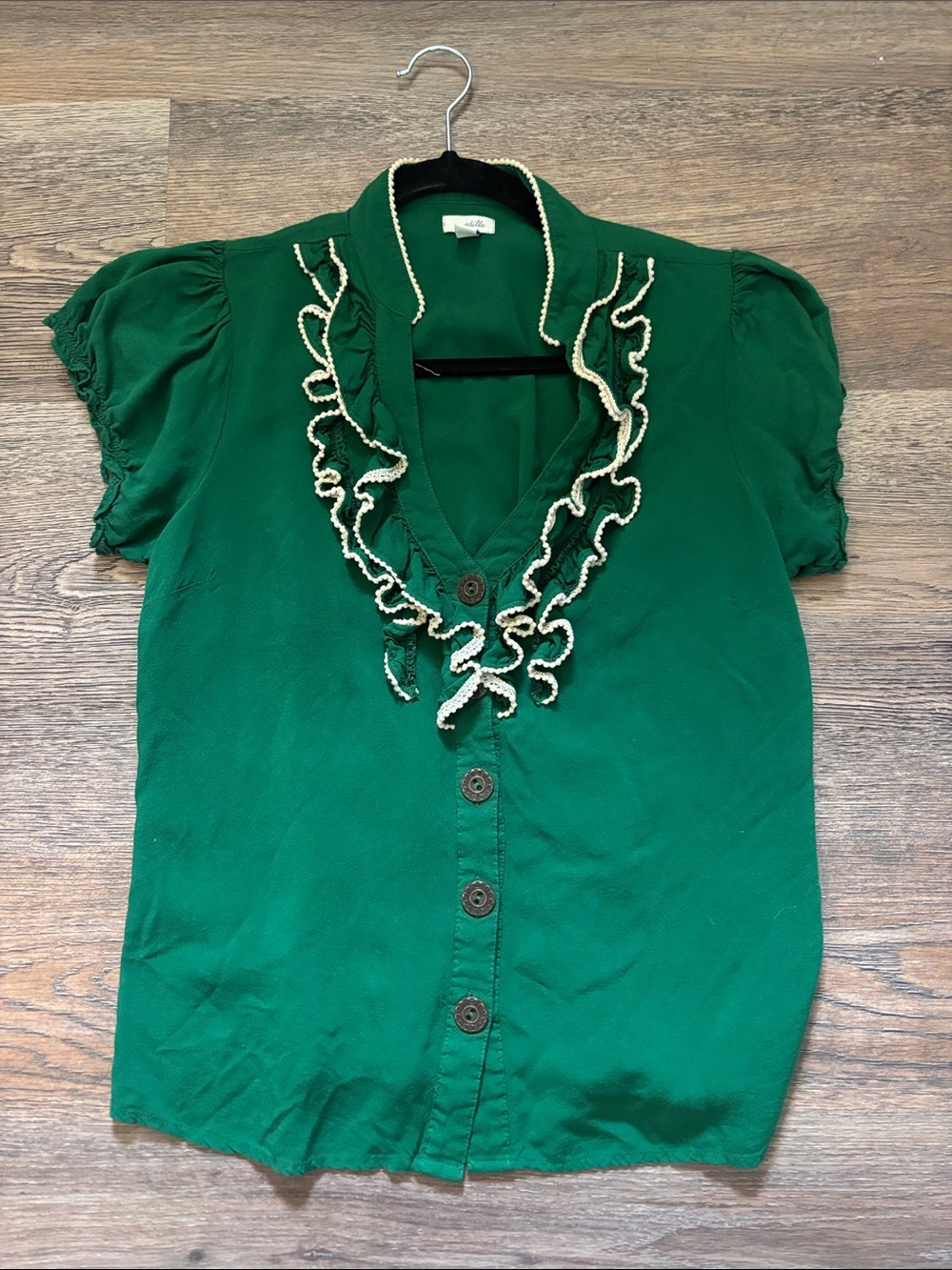 Odille Emerald Green Ruffle-Trim Button Front Blouse